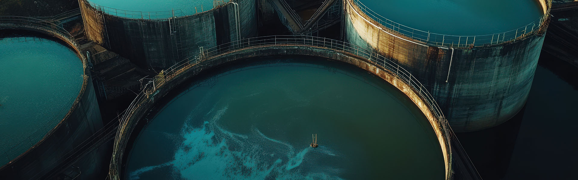 Vista aerea di una vasca per il trattamento delle acque reflue, con superficie acquatica verde e strutture in cemento attorno.